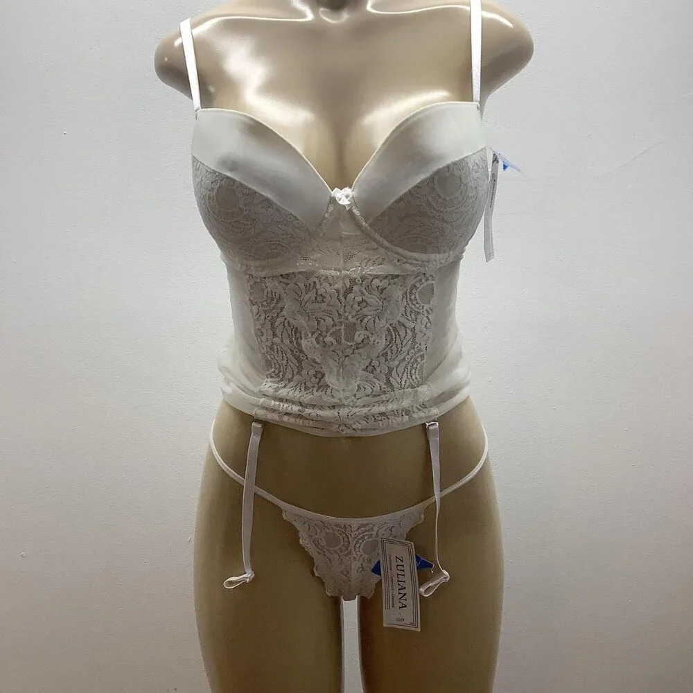 Zuliana Size Large White Bustier With Garters & Matching Thong. New With Tags.